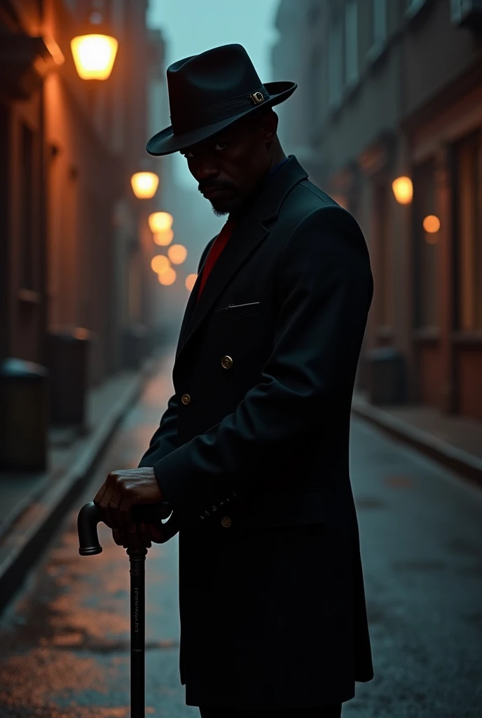 Create a black man wearing a hat and a black suit with red details. Do it with your head down, with a cane and stand behind a street at night, with a sense of mystery