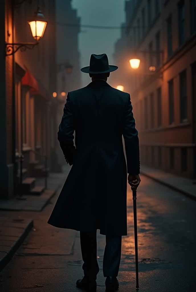 Create a black man wearing a hat and a black suit with red details. Do it with your head down, with a cane and stand behind a street at night, with a sense of mystery
