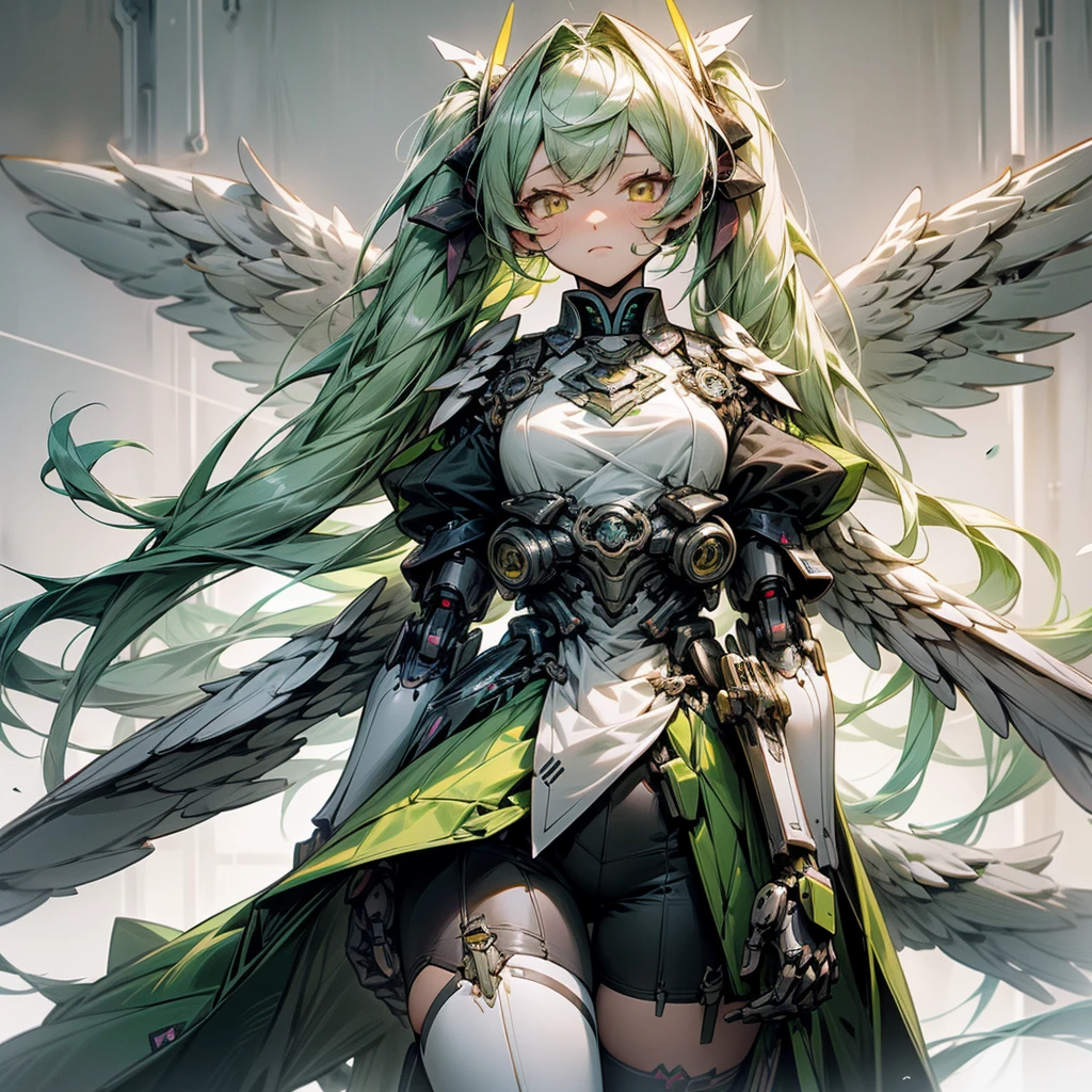 傑Pastel green long twin tails, Yellow Eyes, Long Bangs, Making anime，Highest quality, Highly detailed face，Straight hair, {{{Large mechanical wings spread on both sides.}}}, （pastel colour：1.2，Dark studio，Edge Light，Two-tone lighting，that&#39;dim，base，),Combat cyborg, {{{{{bangs that cover one eye}}}}}, {{{{{Woman illustration}}}}}, 8K quality, Highest quality, masterpiece, Kind woman, Dark atmosphere, Pastel green long twin tails, Yellow Eyes, Long Bangs, A scene from a science fiction movie,Cyborg Woman, A full-body green armor, {{{{{Wearing a pastel green mech suit}}}}}, Sadistic smile, Against a backdrop of an elaborate mechanical city、Details of a ruined future city, Smiling Kindly, 7 Head to Body, Shut your mouth.,Proud face, Detailed Background,Maximum details,Full body illustration, Has a beam weapon, Phantasy Star Online,Narrow eyes,30 years old, In combat,White Long Boots, avert your eyes, White cape from the waist,{{{Asymmetrical hairstyle}}},