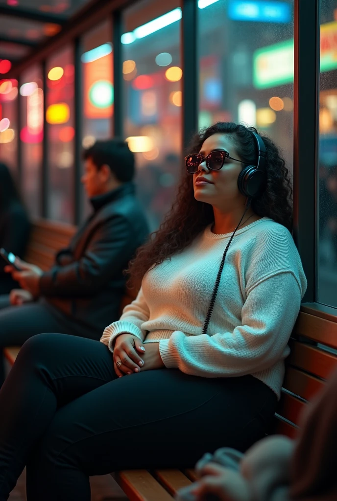 Very beautiful women(curvy body) sitting in bus shelter crowded people, wearing white sweeter and black pants, sun glasses and headphones, full body from low angle picture, warmlights, beautiful lights at nights.(colorfull)