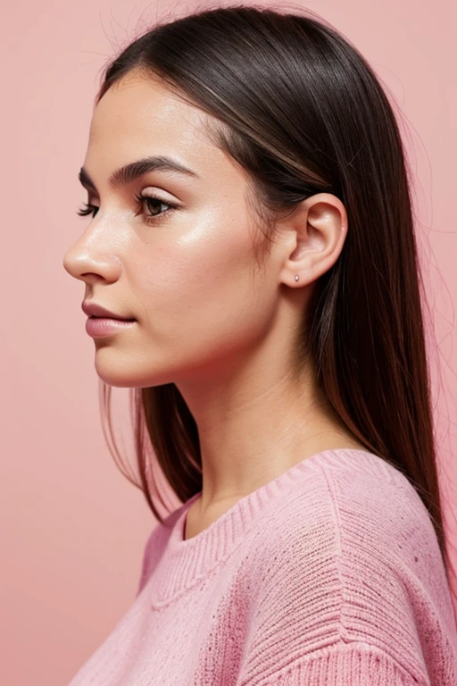 Create a photo of a woman with a frontal face from today's times getting ready with a pinker background, suitable for a profile picture.