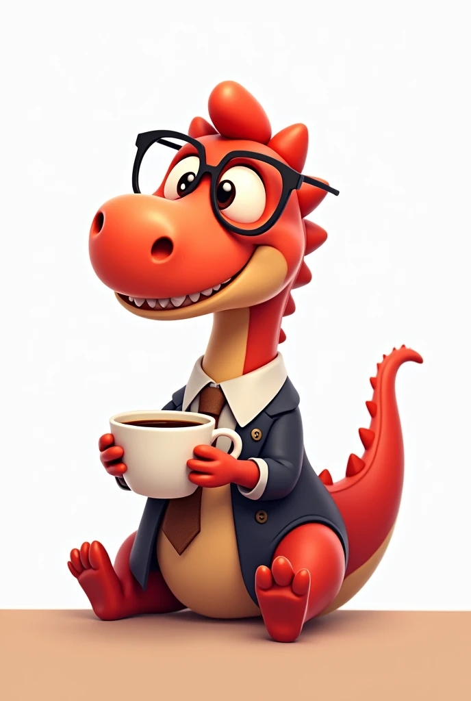 Red animated dinosaur, tender, happy with formal clothes, With glasses, drinking coffee sitting at a desk, on a white background 