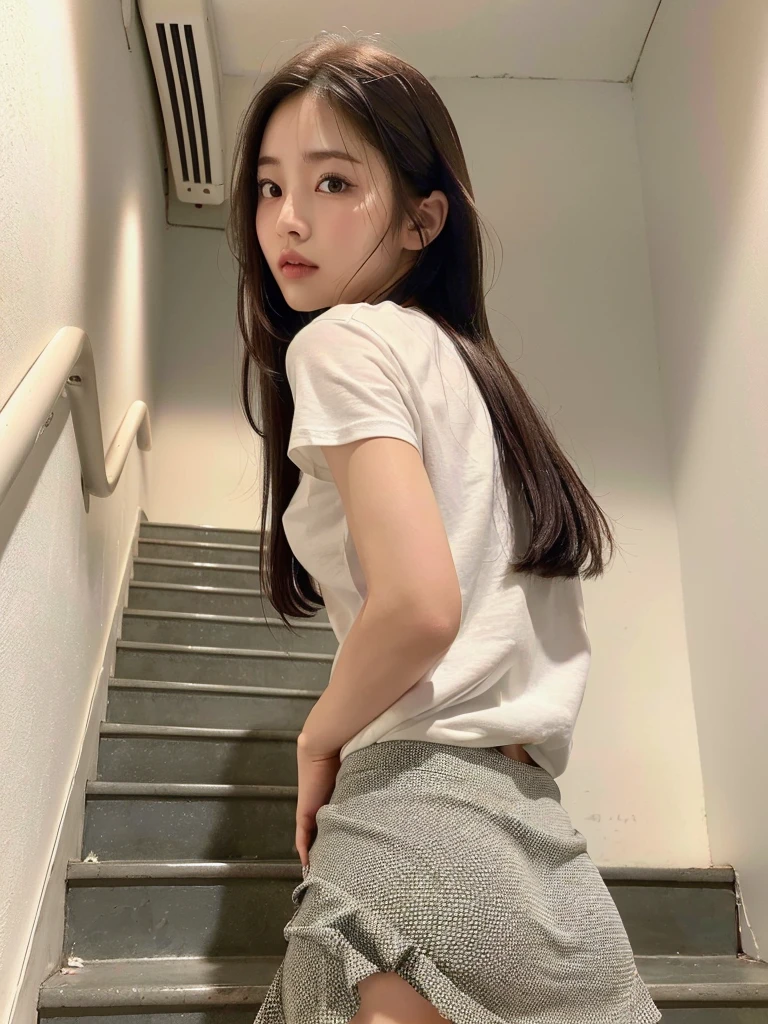 (masterpiece:1.3), (8k, Realistic, RAW Photos, Best image quality: 1.4), (Random Hairstyles:1.2)、(Highly detailed face)、Attention to detail、double eyelid、(Dark Eyes),(Sharp focus:1.2)、((whole body:1.5)),One Woman、Beautiful woman:1. 4,20-year-old woman、smile,Woman with a perfect body,Beautiful Abs,Chest-length hair、Highest quality、masterpiece、Ultra-high resolution、(Realistic:1.4)、super high quality、Symmetrical face、The face is very realistic、Photo level、8k最高画質はフル、Sebaceous reflex、The face is very realistic、Extremely realistic skin、Realistic light and shadow effects、(Pure and elegant),Professional Lighting、((Swayback stance)),(((Beautiful thighs))),(Sexy pose,Seductive pose),Recurve your hips back,Bend your waist,((dance,dance,Dancing)),((Climbing the stairs)),(((Graffiti art style T-shirt,Skirt too short,White Shirt))),tie,(((Buttを強調する))),(pantiesが少し見える),((pantiesが見えるSkirt too short)),((View from below:1.3)),(((panties,Butt)))
