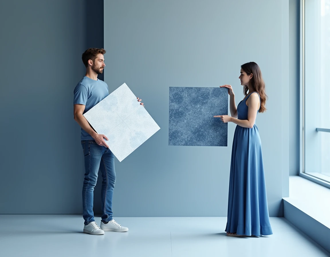 man holding two pieces of tile, porcelain tile and ceramic tile. A woman observes and points to one of them . The image should contain the main colors in blue