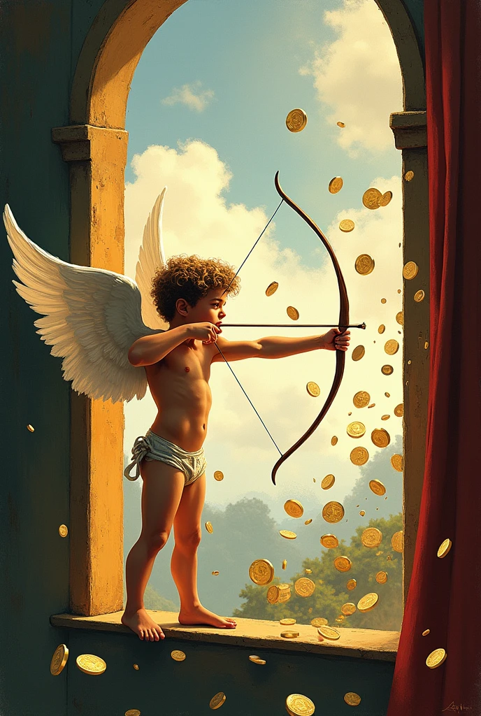 CUPID is seen from the waist up, shooting euros from a window in a Miro-style drawing.