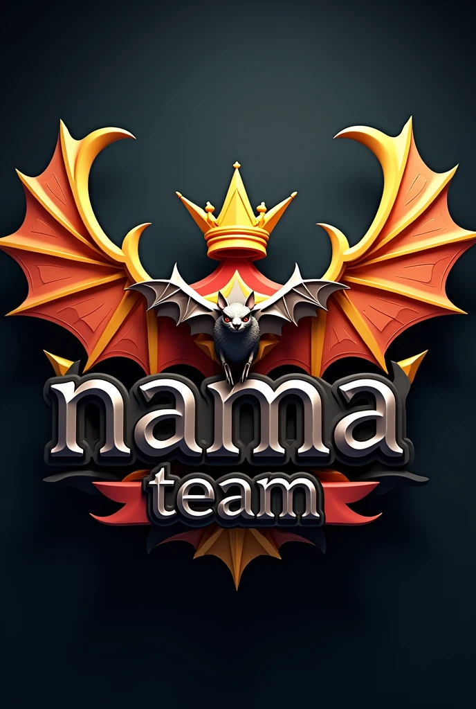 sticker 3d the logo crown star  dragon wings text " nama team" big shiny letters, black, red, and silver, the design is made of yellow silver, on the first letter there  big bat, the design is light dynamic and very beautiful 3D, the black dark background 
