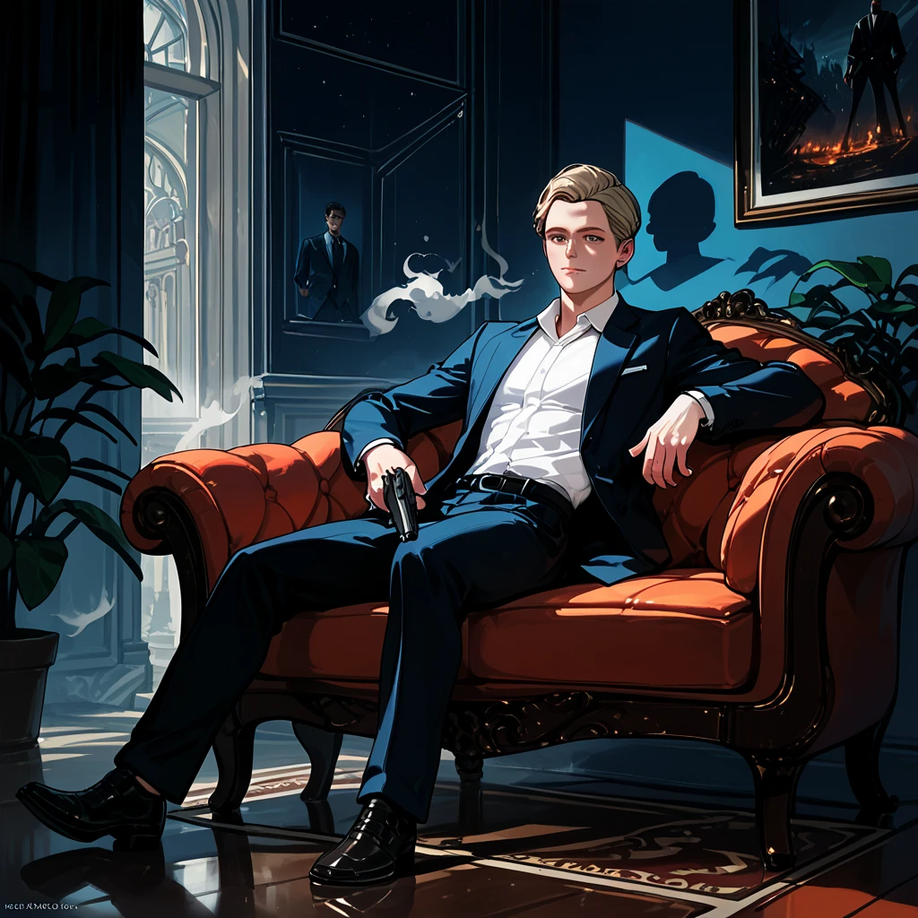 1man, masterpiece, strange head, couch, gun, pistol, smoke, formal clothes, suit, white shirt, gorgeous, no humans, cinematic, dramatic, contrast, night, fog, wallpaper, misteryous,