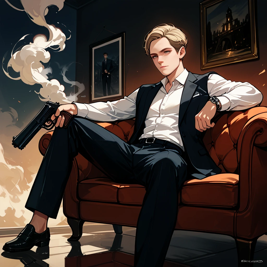 1man, masterpiece, strange head, couch, gun, pistol, smoke, formal clothes, suit, white shirt, gorgeous, no humans, cinematic, dramatic, contrast, night, fog, wallpaper, misteryous,
