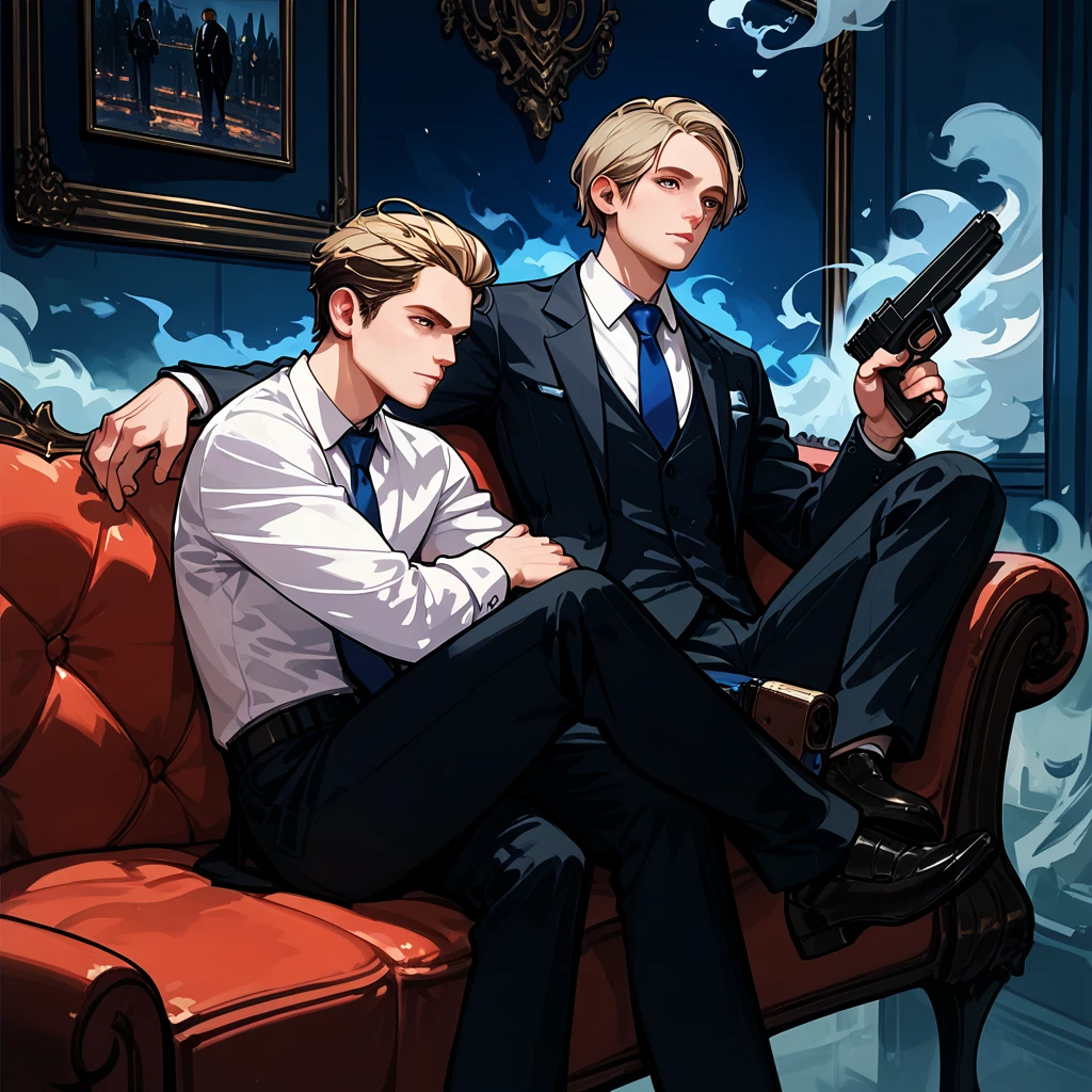 1man, masterpiece, strange head, couch, gun, pistol, smoke, formal clothes, suit, white shirt, gorgeous, no humans, cinematic, dramatic, contrast, night, fog, wallpaper, misteryous,