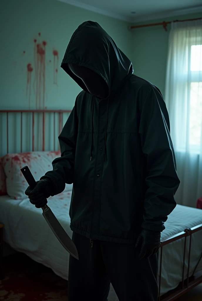 korean girl, (behind , full face helmet), holding knife, stabbing, black gloves, room full ok raincoat, plump girl, glamorous girl, hood up, holding knife, black gloves, behind corpse, blood splat0 years old, bed room, black wet suit, night, mass murderer, killer, robbery atmosphere, cinematic lighting, atmospheric realistic, light from the window close-up,