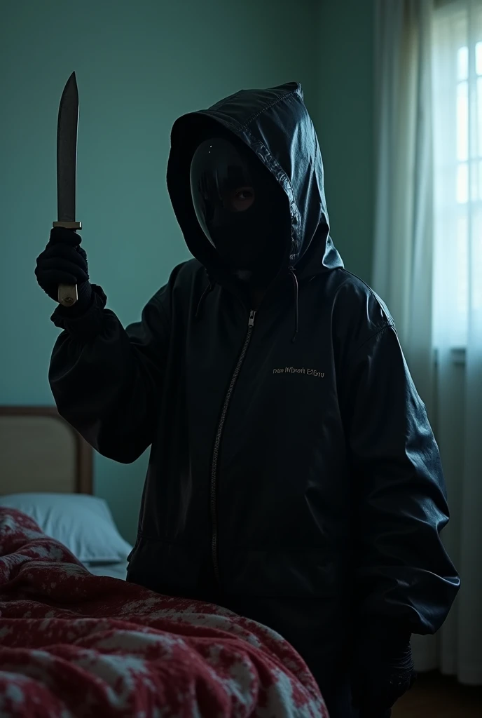 korean girl, (behind corpse, full face helmet), holding knife, stabbing, black gloves, room full of blood, black raincoat, plump girl, glamorous girl, hood up, holding knife, black gloves, behind corpse, blood splatter, 20 years old, bed room, black wet suit, night, mass murderer, killer, robbery, dark atmosphere, cinematic lighting, atmospheric realistic, light from the window close-up,