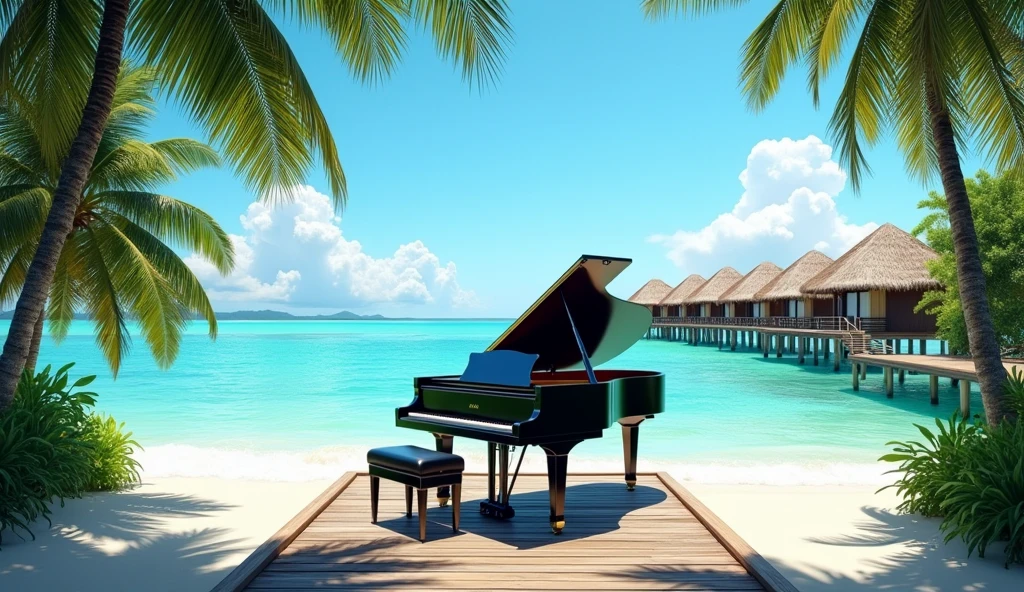 A black grand piano in natural light、Shows a wooden pier leading to thatched roof overwater bungalows。The sky is clear and there are few clouds、The sea is a vibrant turquoise color。This setting is、Interesting for its quiet and picturesque quality、Tropical resort、White sand beach can be seen。White clouds in the sky、white waves