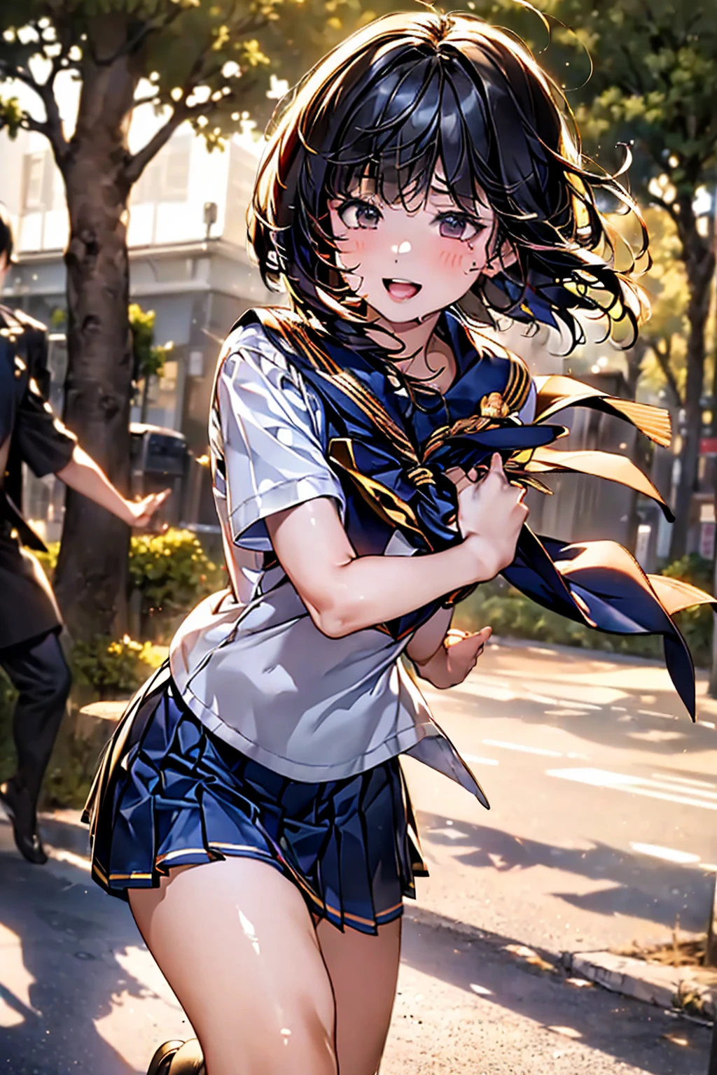Browsing Caution,(Highest quality, 8k, masterpiece:1.3,beautiful girl), (Very detailed)Glowing Skin,(((Woman 1))),((Short sleeve, cute navy sailor suit, Navy Pleated Skirt, Navy sailor collar, Blue Sailor Scarf, socks, Brown Loafers)), (Perfect Anatomy, Anatomically correct, Very detailed肌),((Golden Eyes)),((Perfect Fingers,Five Fingers)),((Black Hair,Bobcut,)),Natural Makeup,Smile in full bloom、cheeks turn a little red,morning、Tree-lined street、front、She's running、Focus Only、Hairpin wearing、Moles in the eyes