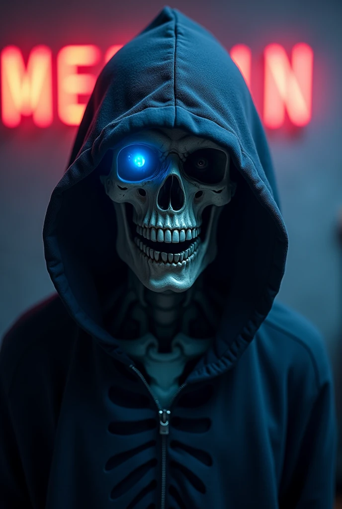 (photorealism:1.2), a 30 year old guy whose body is of a skeleton and hes wearing a dark hoodie and one of his skull eyes has a dark blue flame coming out. And his hoodie is fully zipped up . And the background spells MERLIN in lights. And make his face little angry