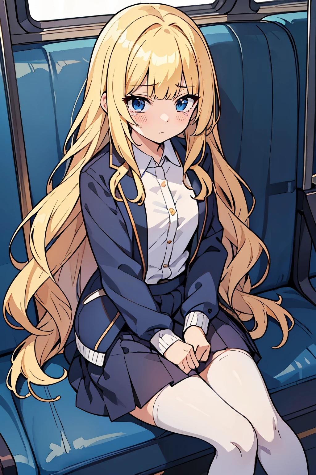 Young adult girl, best quality, 1 girl, female figure, yellow hair, blunt bangs, extra long hair, crystal blue eyes, golden blonde hair, cowboy shot, voluminous disheveled hair, wavy hair, cute girl, (medium small breasts), (young female body: 1.4) sitting crossed legs, crossed legs, embarrassed girl, looking from above, pressing legs together, humiliated expression , insecure, long sleeve school unifrom, dark blue skirt, long blue cardigan, sitting in a bus, crossed arms, white pantyhose