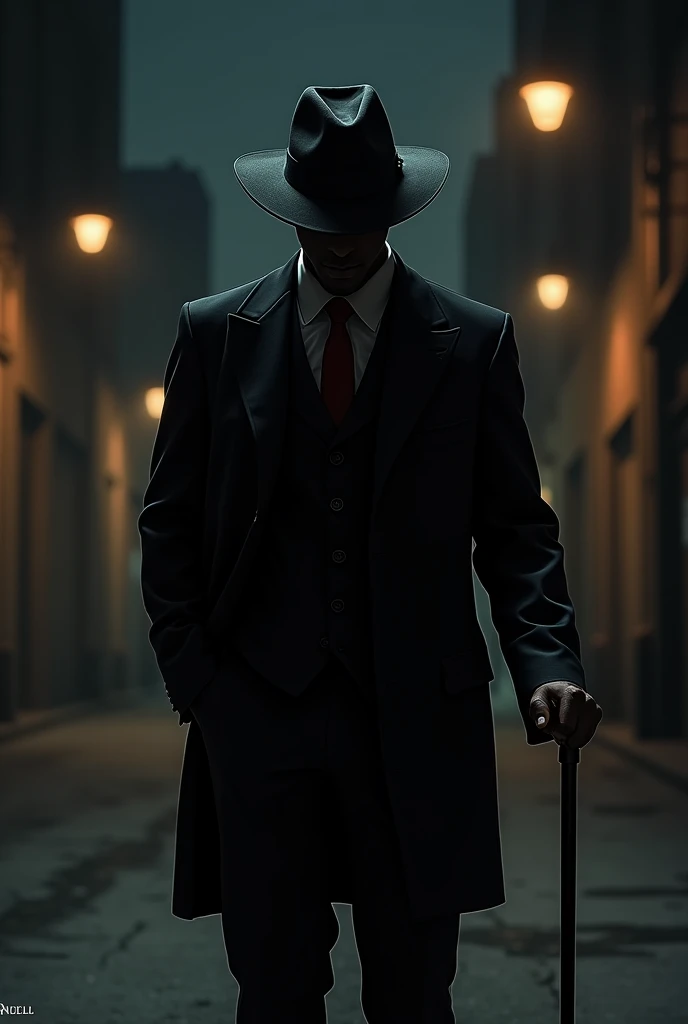 Create a black man wearing a hat and a black suit with red details. Do it with your head down, with a cane and stand behind a street at night, with a sense of mystery