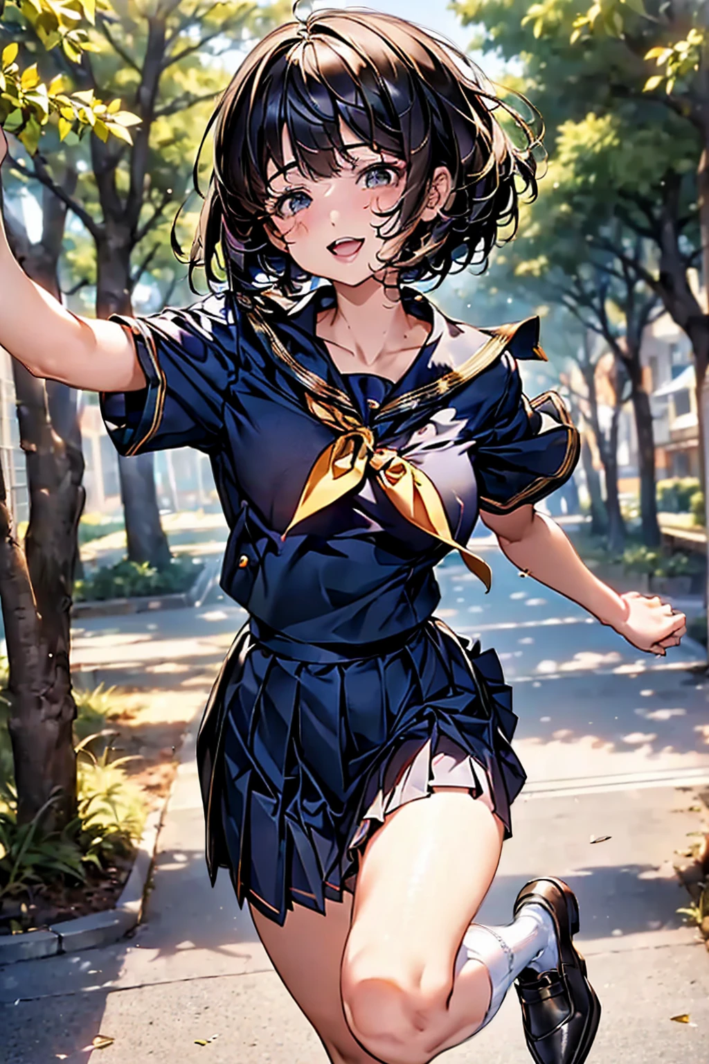 Browsing Caution,(Highest quality, 8k, masterpiece:1.3,beautiful girl), (Very detailed)Glowing Skin,(((Woman 1))),((Short sleeve, cute navy sailor suit, Navy Pleated Skirt, Navy sailor collar, Blue Sailor Scarf, socks, Brown Loafers)), (Perfect Anatomy, Anatomically correct, Very detailed肌),((Golden Eyes)),((Perfect Fingers,Five Fingers)),((Black Hair,Bobcut,)),Natural Makeup,Smile in full bloom、cheeks turn a little red,morning、Tree-lined street、front、She's running、Focus Only、Hairpin wearing、Moles in the eyes