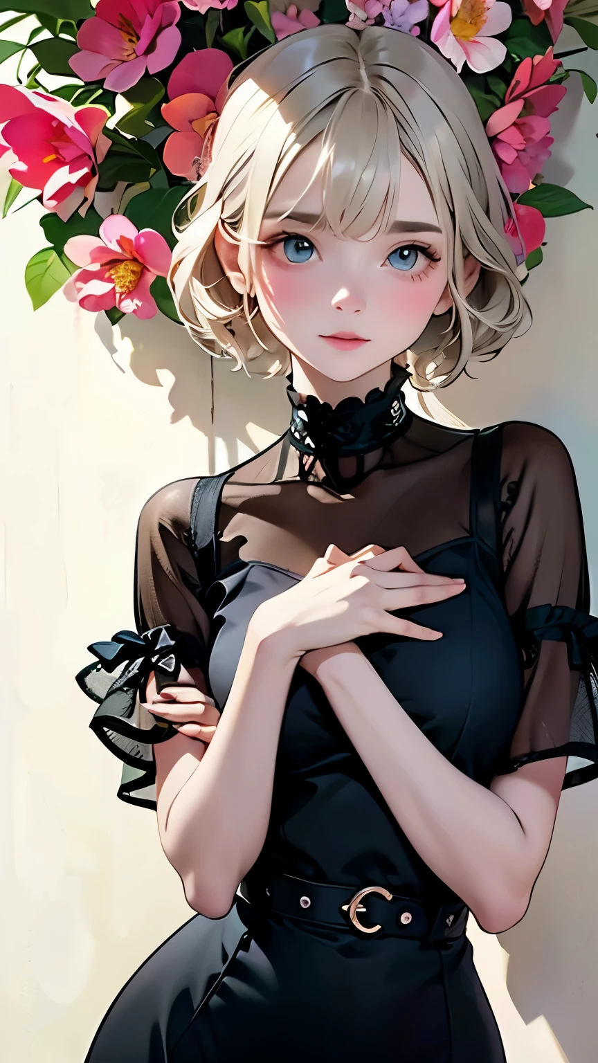 Beautiful woman、flower arrangement、Wabi-sabi art、Very detailed_face_eye、Very detailedface、Black Dress、white、gray、red、parchment、抽象的flower arrangement、Three big flowers、Surrealism art、silence、wallpaper、Highest quality、masterpiece、High resolution、８ｋ