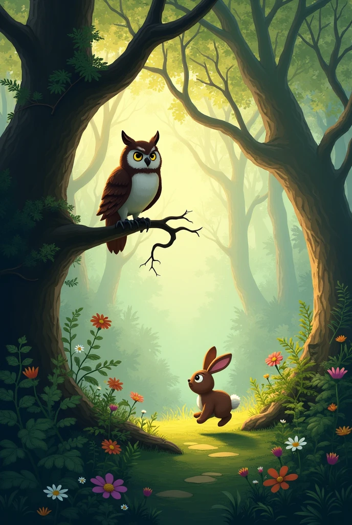 In a dense forest, there lived two very different animals: Olivia, a wise and lonely owl, and Beto, a curious rabbit always looking for new adventures. Olivia passava suas noites voando silenciosamente entre as árvores, observing everything around you with your watchful eyes. Beto, on the other hand, was more active during the day, skipping happily through the fields and getting into all sorts of mischief.