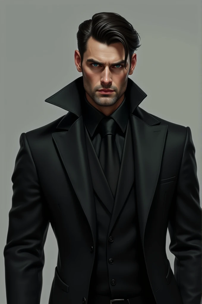 man in black suit, muscular but not overly so, abundant black hair, defined jaw, Defined but not exaggerated cheekbones, dark blue eyes, dark eyebrows