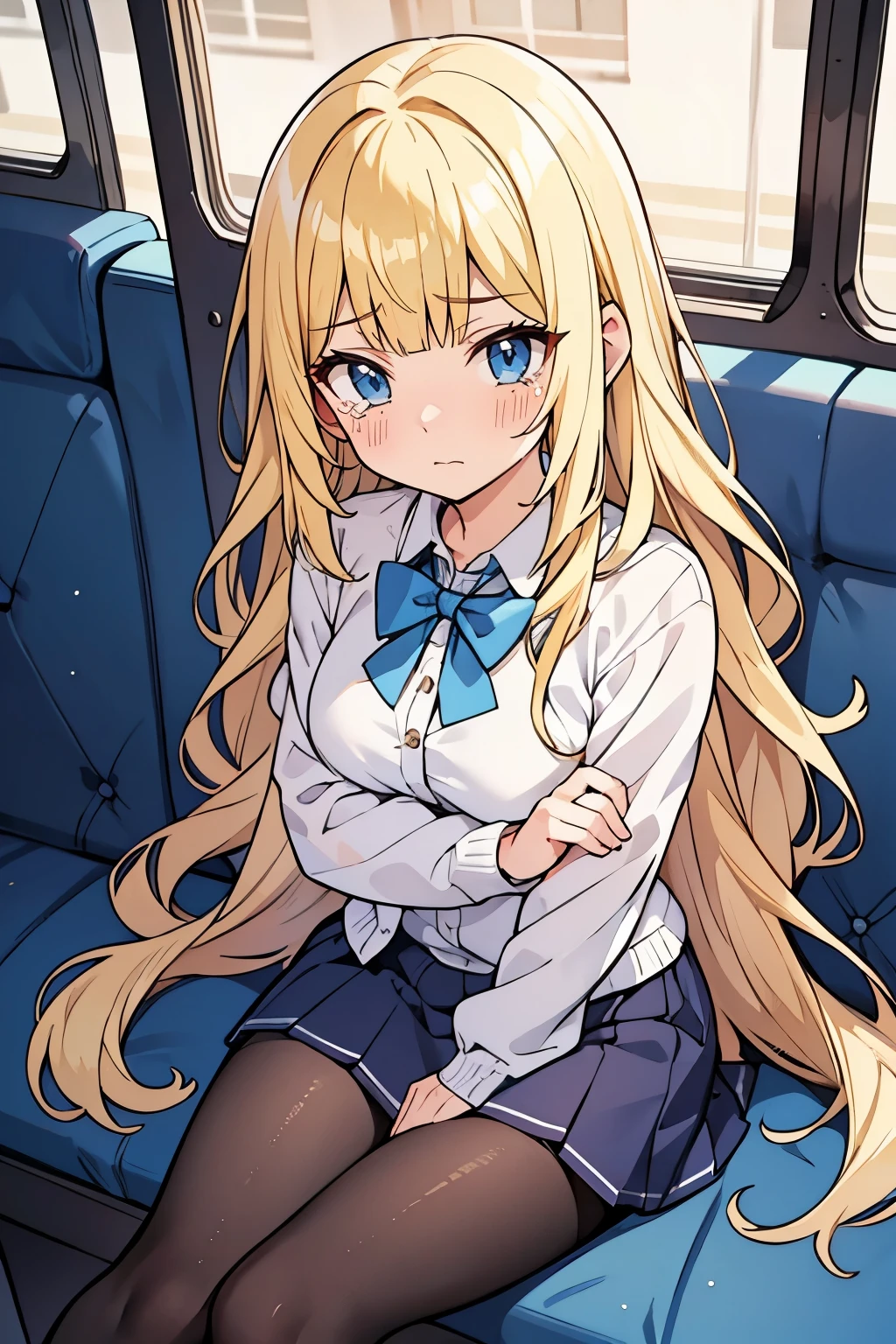 Young adult girl, best quality, 1 girl, female figure, yellow hair, blunt bangs, extra long hair, crystal blue eyes, golden blonde hair, cowboy shot, voluminous disheveled hair, wavy hair, cute girl, (medium small breasts), (young female body: 1.4) sitting crossed legs, crossed legs, embarrassed girl, looking from above, pressing legs together, humiliated expression , insecure, long sleeve school unifrom, dark blue skirt, long blue cardigan, sitting in a bus, crossed arms, white pantyhose