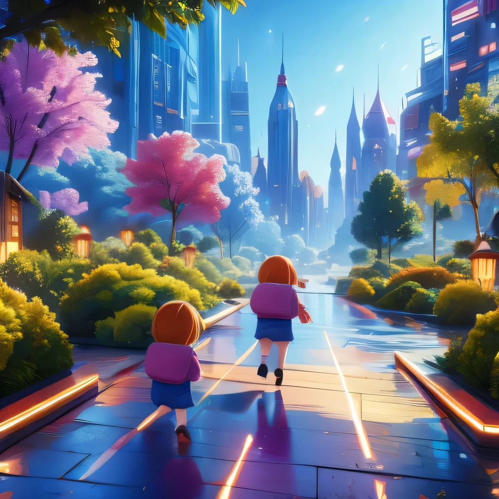 Child-friendly future city design，Ultra wide angle，Technology，Futuristic，Children's style，Disney style，Three children are playing.，Playfulness，