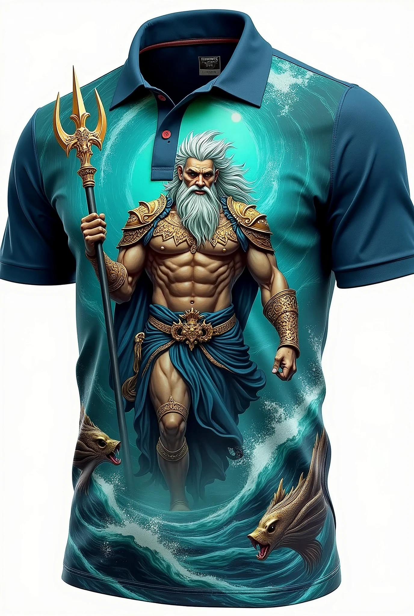 Draw me a polo shirt with the design of poseidon theme 