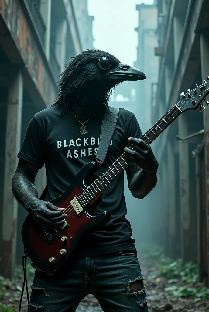 Crow with black glasses,dressed in ripped jeans and a black t-shirt that says "Blackbird Ashes". Playing electric guitar on a ghost ship