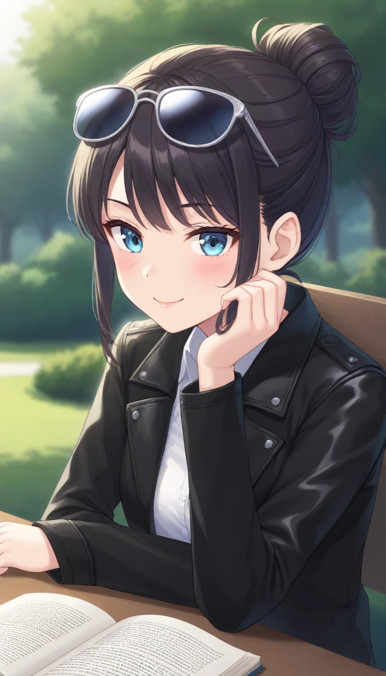 A striking young woman sits at a table in a sunlit park, fully immersed in reading a book. She has long, dark hair elegantly tied up in a bun, with stylish sunglasses perched ((on top her head)). Her hair is accented with a few loose, soft curls that frame her face, adding a delicate touch to her strong features. She wears a sleek black leather jacket with prominent zippers, which complements her modern, edgy style. Her expression is a faint smile and serene to viewer , with a subtle sense of confidence. Her overall look is both chic and approachable, capturing a blend of sophistication and natural beauty