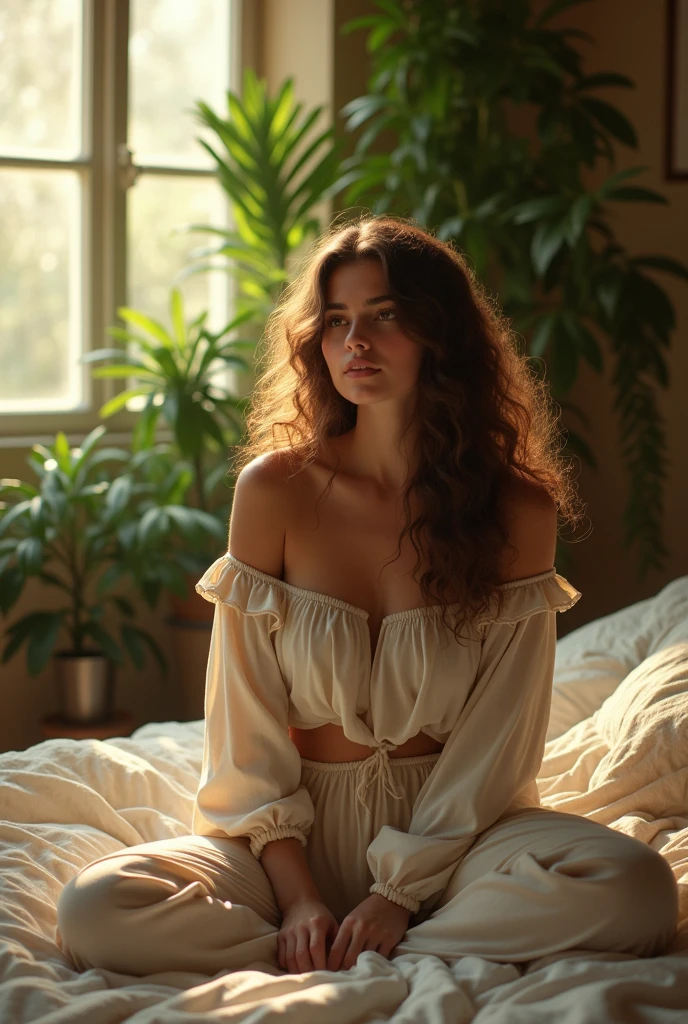 (photorealism:1.2), beautiful woman, sitting on bed, wearing loose off-shoulder top, pajama pants, long curly hair, indoors, soft lighting, plants in background, window with sunlight, cozy room, relaxed pose, realistic, intricate details, warm colors, by Greg Rutkowski, by Alphonse Mucha