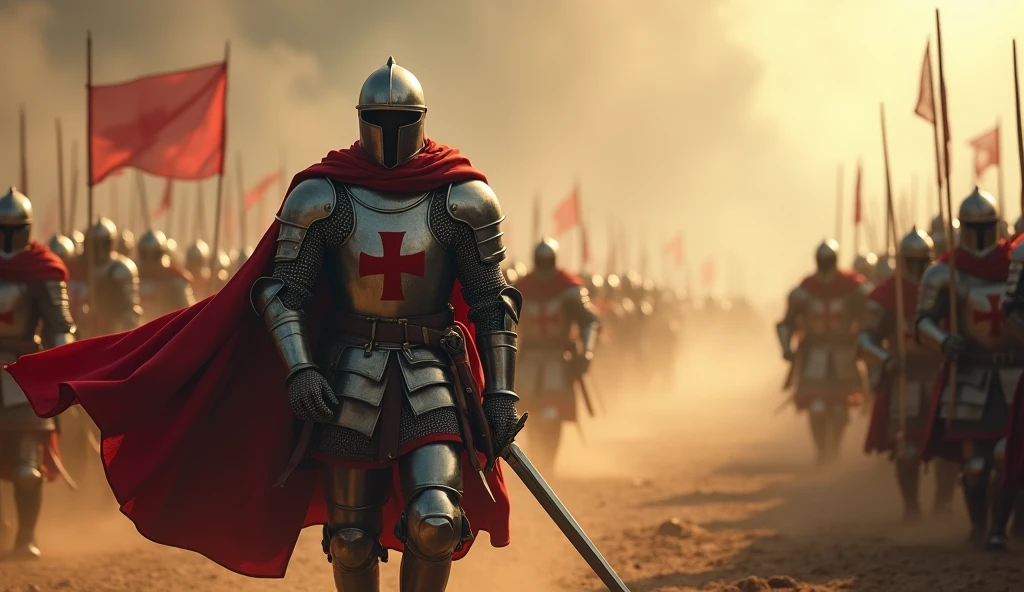 A highly realistic, high-contrast, 8K HD, detailed, hyper-detailed image of the Crusader knight from the provided image, walking boldly towards the enemy on the battlefield. The knight, clad in steel armor with a red cross on his tunic, strides forward with unwavering confidence and determination. His posture is strong and resolute, with his sword at the ready as he approaches the enemy lines. The battlefield around him is tense, with dust and debris swirling in the air, but the knight's focus remains unshaken. The dramatic lighting casts a powerful glow on his armor, highlighting the dignity and courage with which he faces his foes. The image is of the highest quality, with ultra-high resolution,