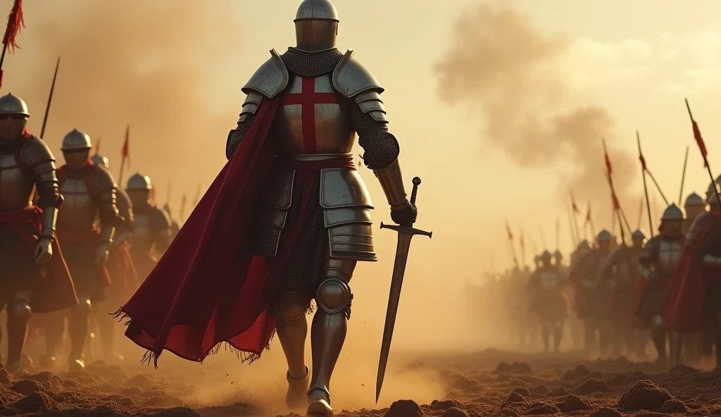 A highly realistic, high-contrast, 8K HD, detailed, hyper-detailed image of the Crusader knight from the provided image, walking boldly towards the enemy on the battlefield. The knight, clad in steel armor with a red cross on his tunic, strides forward with unwavering confidence and determination. His posture is strong and resolute, with his sword at the ready as he approaches the enemy lines. The battlefield around him is tense, with dust and debris swirling in the air, but the knight's focus remains unshaken. The dramatic lighting casts a powerful glow on his armor, highlighting the dignity and courage with which he faces his foes. The image is of the highest quality, with ultra-high resolution,

