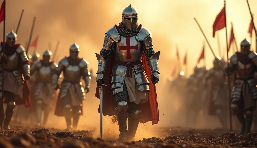 A highly realistic, high-contrast, 8K HD, detailed, hyper-detailed image of the Crusader knight from the provided image, walking boldly towards the enemy on the battlefield. The knight, clad in steel armor with a red cross on his tunic, strides forward with unwavering confidence and determination. His posture is strong and resolute, with his sword at the ready as he approaches the enemy lines. The battlefield around him is tense, with dust and debris swirling in the air, but the knight's focus remains unshaken. The dramatic lighting casts a powerful glow on his armor, highlighting the dignity and courage with which he faces his foes. The image is of the highest quality, with ultra-high resolution,