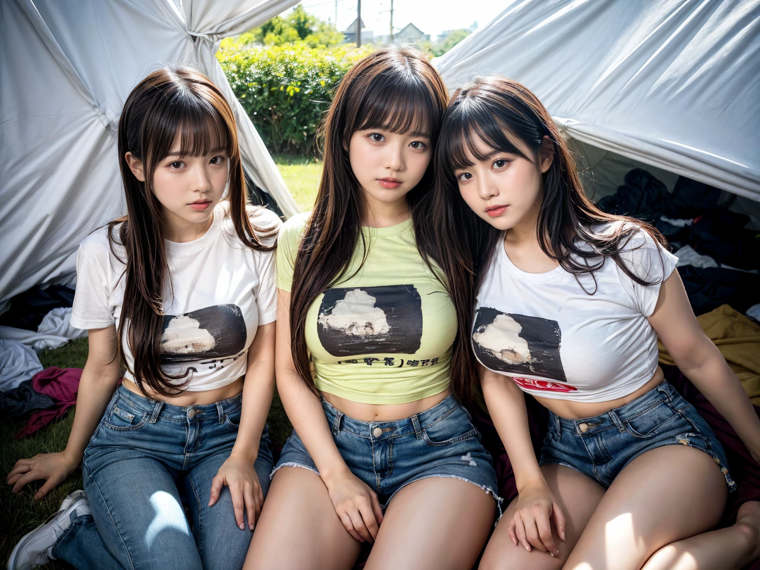 masterpiece, best quality, illustration, Super detailed, fine details, High resolution, 8K,wall paper, perfect dynamic composition,(Details High quality, realistic depiction of eyes:1.3), (2 girls), Tattered clothes, (The collapsed room), (Inside the barrack tent), (wearing a tattered and dirty t-shirt.:1.1), Wearing baggy pants, dirty body, (Messy long hair), black hair color, Big Natural Color Lip, crying a little、cold gaze, Harajuku style、20 year old girl、cute type、lolita, Gravure Idol, full body photo、focus on crotch, huge breasts