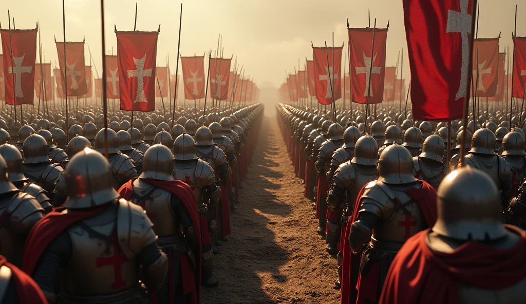 A highly realistic, high-contrast, 8K HD, detailed, hyper-detailed image of two opposing armies, the Crusaders and their enemies, gathered on a battlefield. The scene is viewed from above, capturing the vast number of soldiers assembled. The Crusaders, wearing steel armor with red crosses on their tunics, stand united with their banners and flags proudly displayed, while the enemy army stands opposite them, without any banners. The atmosphere is tense, as both sides prepare for the impending battle. The dramatic lighting highlights the armor and the contrasting forces, creating a powerful and intense scene. The image is of the highest quality, with ultra-high resolution, RAW photo quality, and Unreal Engine rendering, showcasing the grandeur and scale of this epic confrontation between the Crusaders and their enemies.