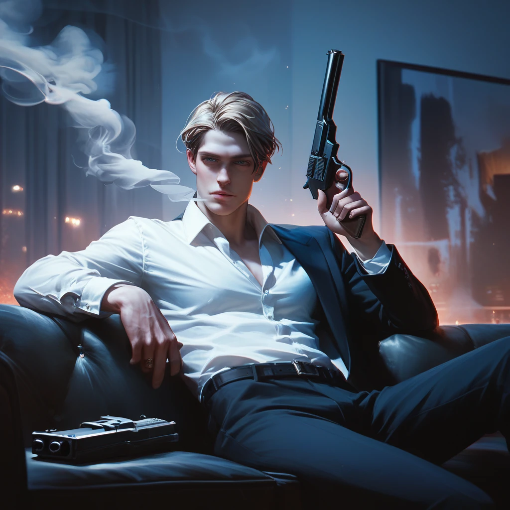 1man, masterpiece, strange head, couch, gun, pistol, smoke, formal clothes, suit, white shirt, gorgeous, no humans, cinematic, dramatic, contrast, night, fog, wallpaper, misteryous,