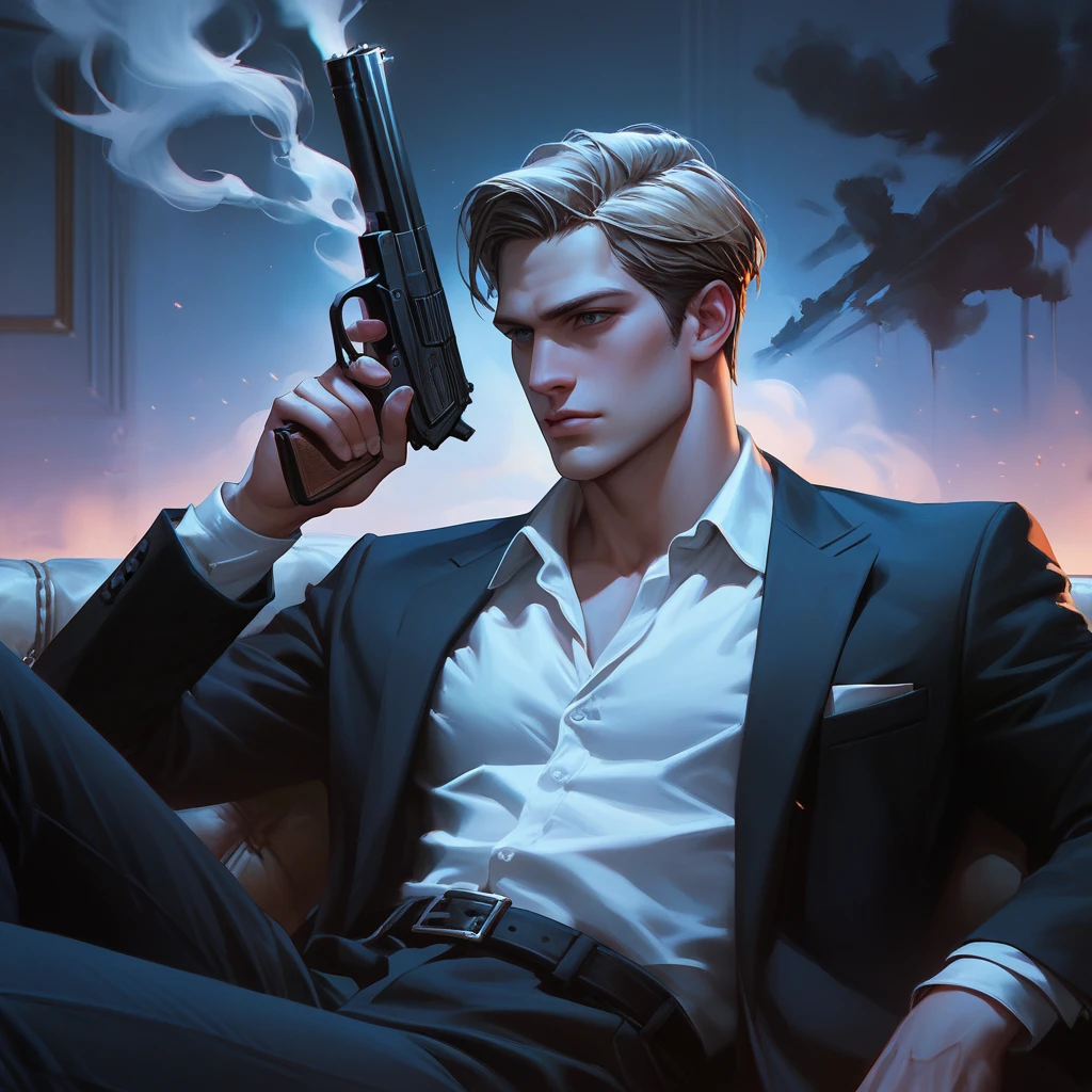 1man, masterpiece, strange head, couch, gun, pistol, smoke, formal clothes, suit, white shirt, gorgeous, no humans, cinematic, dramatic, contrast, night, fog, wallpaper, misteryous,