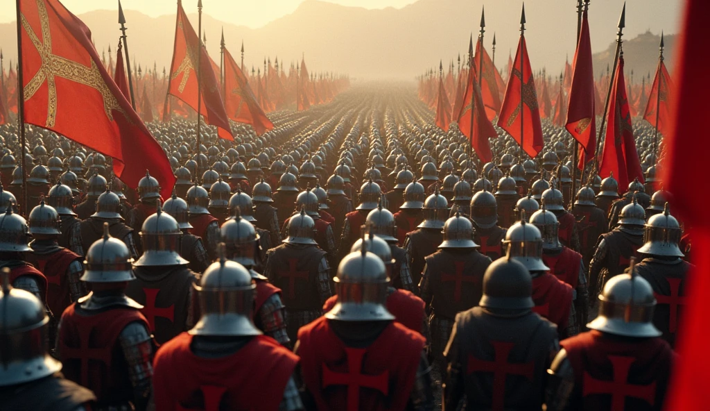 A highly realistic, high-contrast, 8K HD, detailed, hyper-detailed image of two opposing armies, the Crusaders and their enemies, gathered on a battlefield. The scene is viewed from above, capturing the vast number of soldiers assembled. The Crusaders, wearing steel armor with red crosses on their tunics, stand united with their banners and flags proudly displayed, while the enemy army stands opposite them, without any banners. The atmosphere is tense, as both sides prepare for the impending battle. The dramatic lighting highlights the armor and the contrasting forces, creating a powerful and intense scene. The image is of the highest quality, with ultra-high resolution, RAW photo quality, and Unreal Engine rendering, showcasing the grandeur and scale of this epic confrontation between the Crusaders and their enemies.
