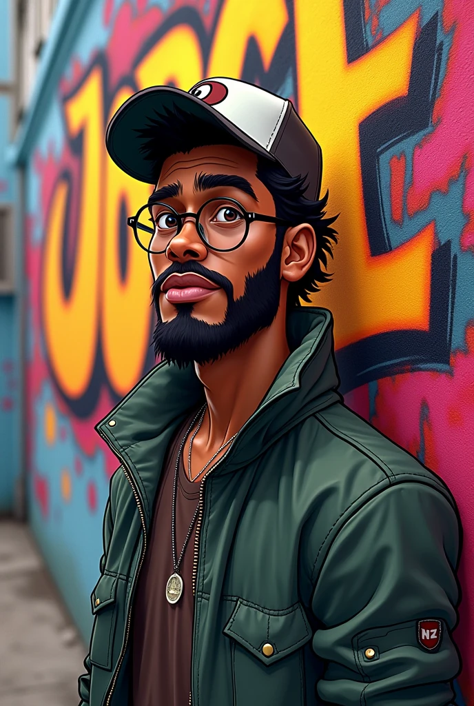 Create a Disney-style image with a man who has dark skin color, beard wearing a cap, a bomber jacket and glasses with a graffiti background that says Jorge Rincon