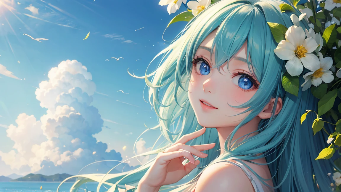  masterpiece, Highest quality, figure, close, Frank, Face focus, smile, colorful, Flowers, green sky, Cloud sky, Girl with beautiful eyes,Delicate eyes、There are a few small lights in the blue eyes.、