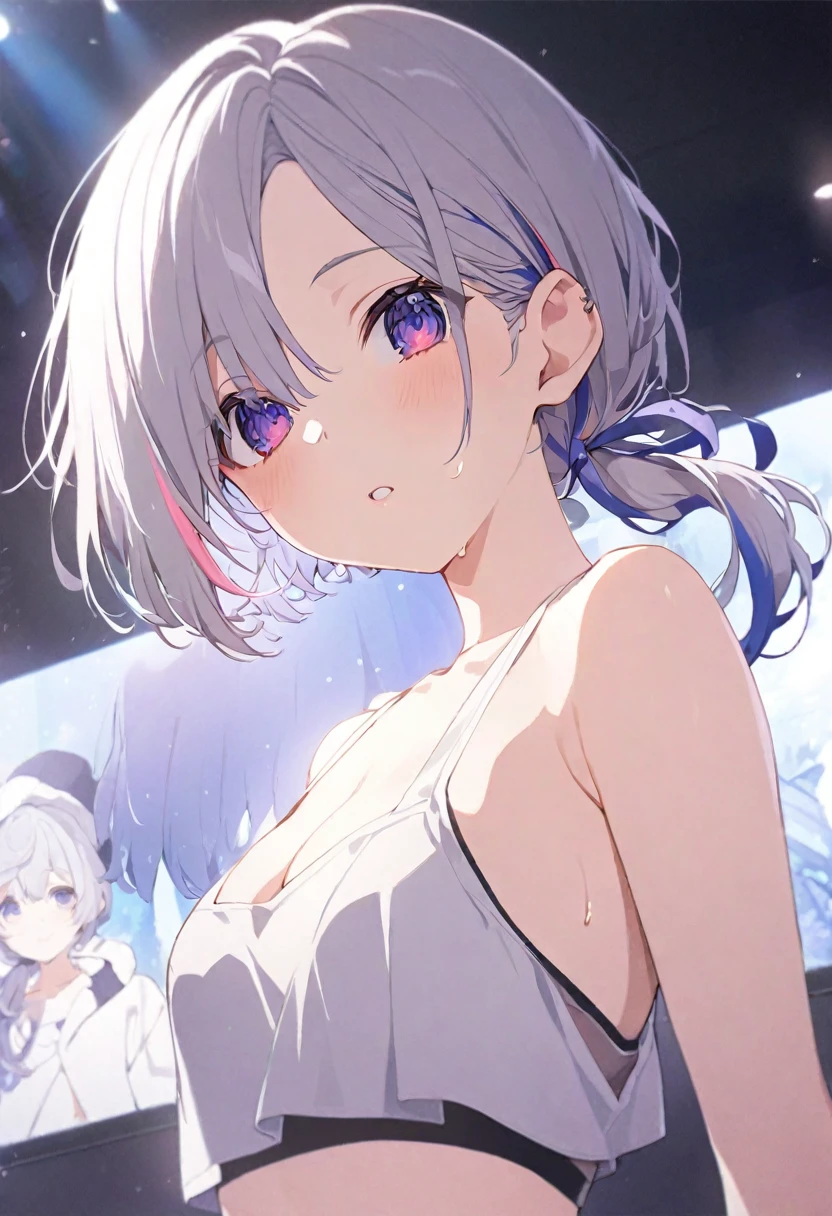 score_9, score_8_up, score_7_up, source_anime, best quality, masterpiece, official art, absurdres, highres, ultra-detailed,waifu2x,Collection: Slice of Life, very detailed eyes, expressive eyes, perfect face, very detailed face, highly detailed face, beautiful girl, 8K, beautiful girl, (white background), delicate and beautiful face and eyes, dark intense shadow, Ultra-high resolution, Movie Lighting, (Fuji Color: 1.2) portrait, (clear line illustration:1.2),very high resolution, very aesthetic, super detailed skin, Best sexual lighting powered by famous artist, 8k,cute picture,beauty illustration,photoshop_(medium),(Detailed Lighting),best anime 8k konachan wallpaper, pixiv contest winner,
1girl, vtuber style, tomboy, hololive, vtuber, amane kanata, multicolored hair, grey hair, purple eyes, sharp eyes, short hair, low ponytail, crop top, short shorts, no bra, small chest, cleavage, cropped shoulders, sweating, eating Ice sticks,
