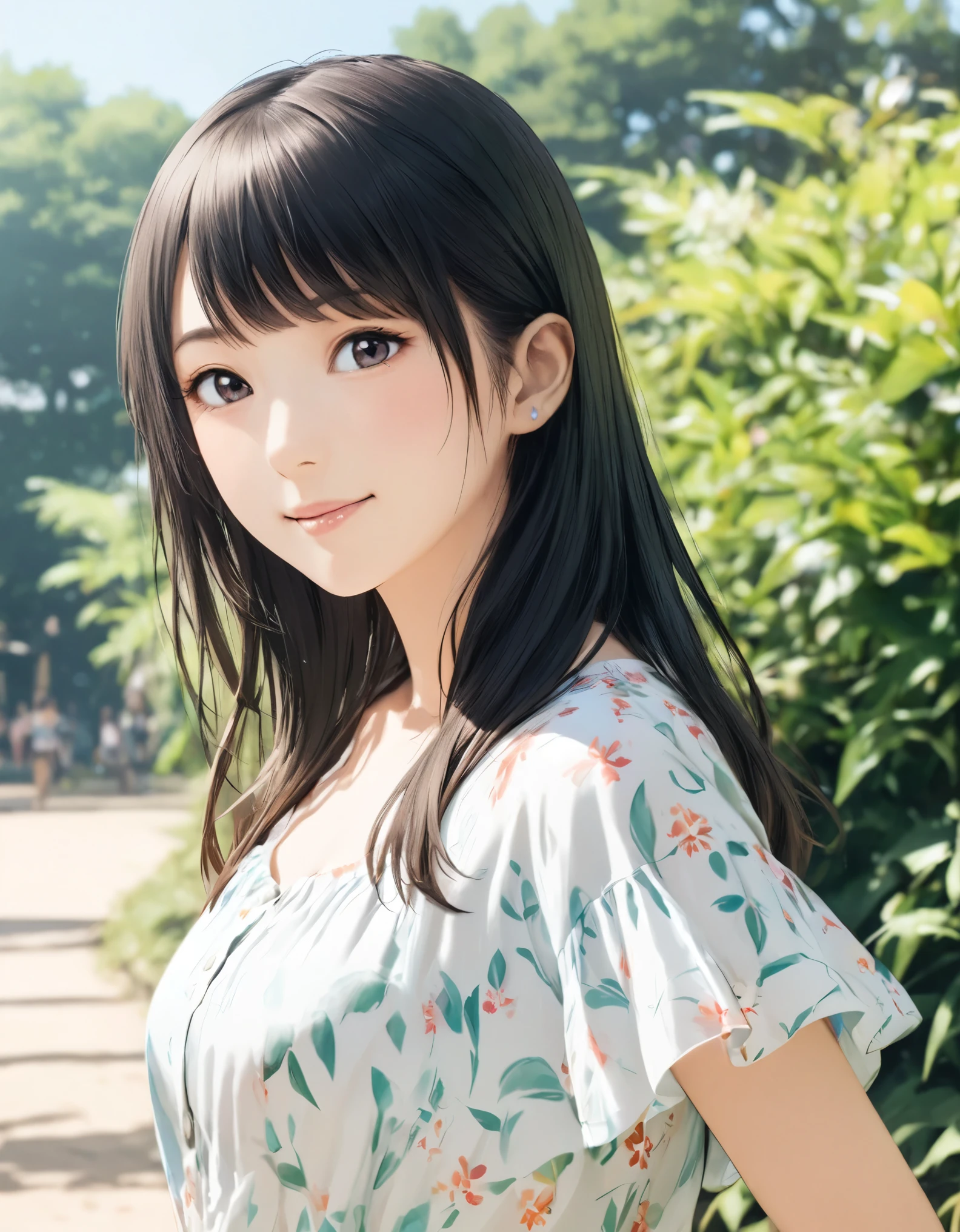 (best quality:1.2), 1girl, Ueno Park, summer, upper body shot, shoot from front