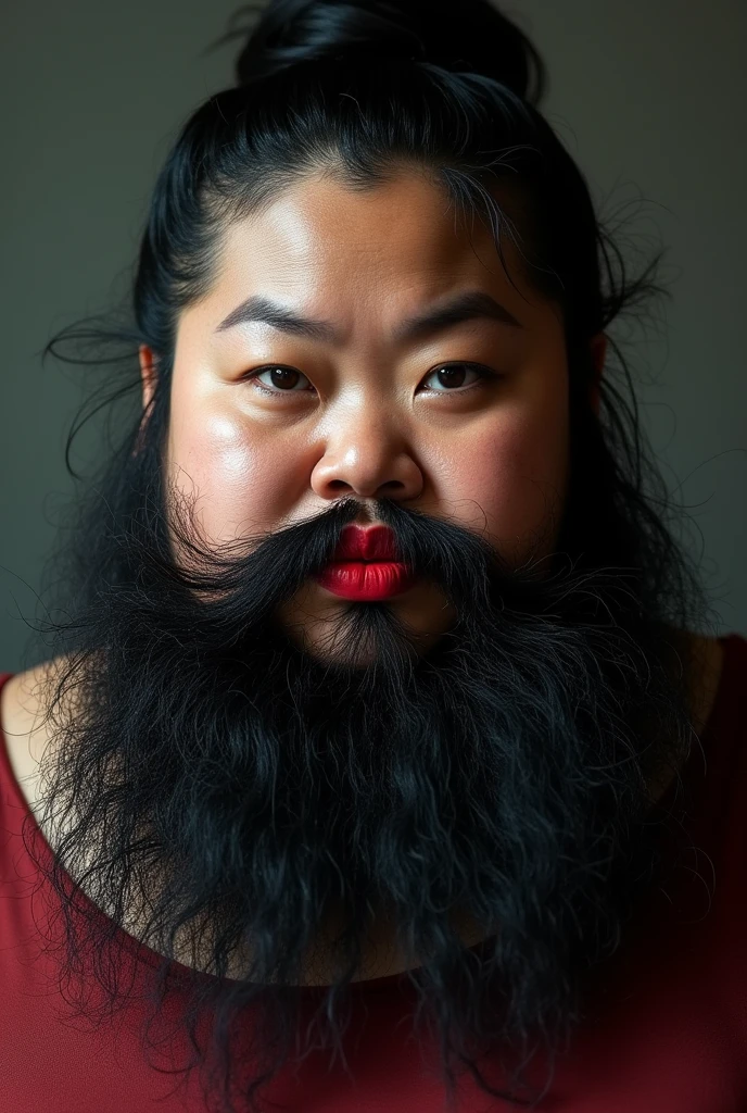Extremely obese Asian woman with a full beard and red lipstick