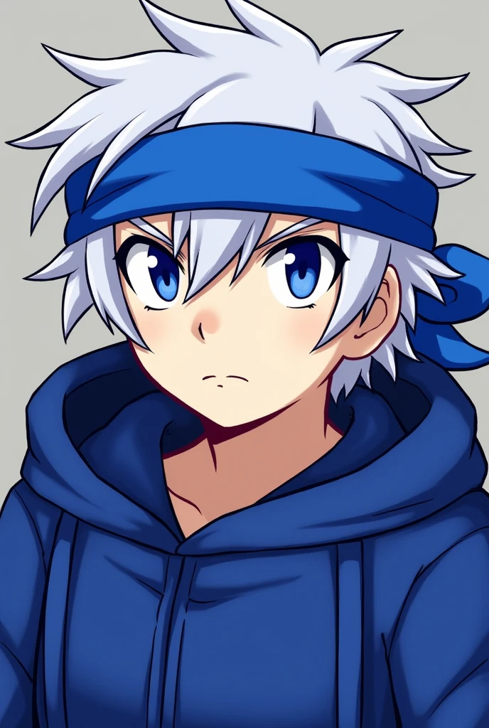 Draw Schezo from Puyo Puyo Shezo has silver hair, blue eyes, and a blue bandana on his head. Please wear a hoodie.