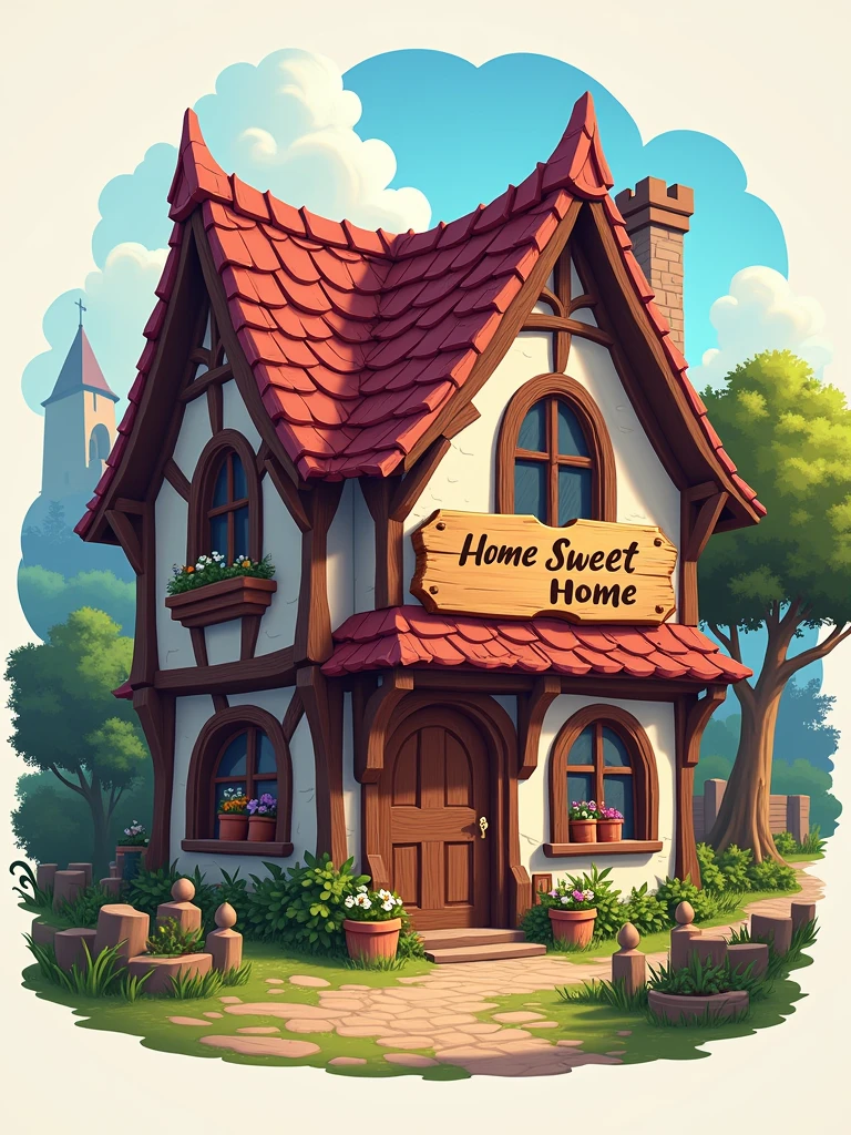 Logo. At the center of the image, there is a lilac and brown house with a sign that says "Home Sweet Home." The image features well-detailed elements with a medieval touch. Wordmark. Label.