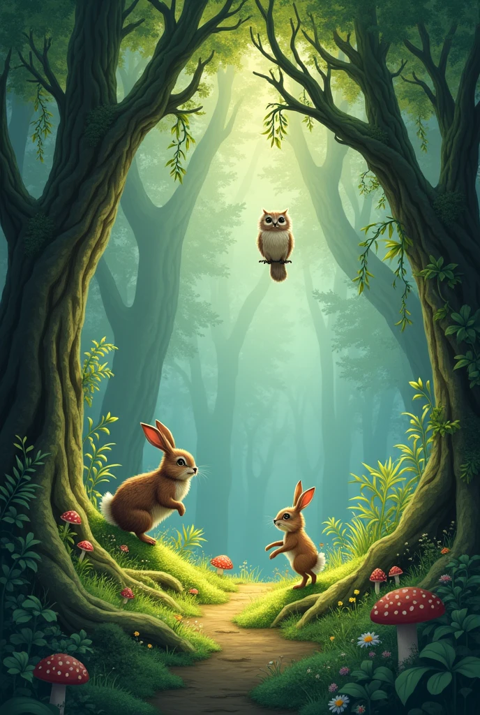 In a dense forest, there lived two very different animals: Olivia, a wise and lonely owl, and Beto, a curious rabbit always looking for new adventures. Olivia passava suas noites voando silenciosamente entre as árvores, observing everything around you with your watchful eyes. Beto, on the other hand, was more active during the day, skipping happily through the fields and getting into all sorts of mischief.