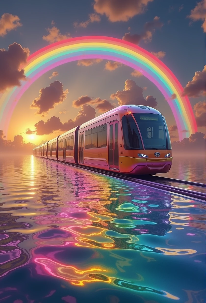 Rainbow colored linear motor car、Linear motor car running on rainbow-colored tracks,colorful,Beautiful views,wonderful景色,Utopia,An atmosphere full of dreams and hope,masterpiece. 16K, Ultra-high resolution, Ultra-high resolution, to be born,wonderful ,future、Iridescent、The world 30 years from now。