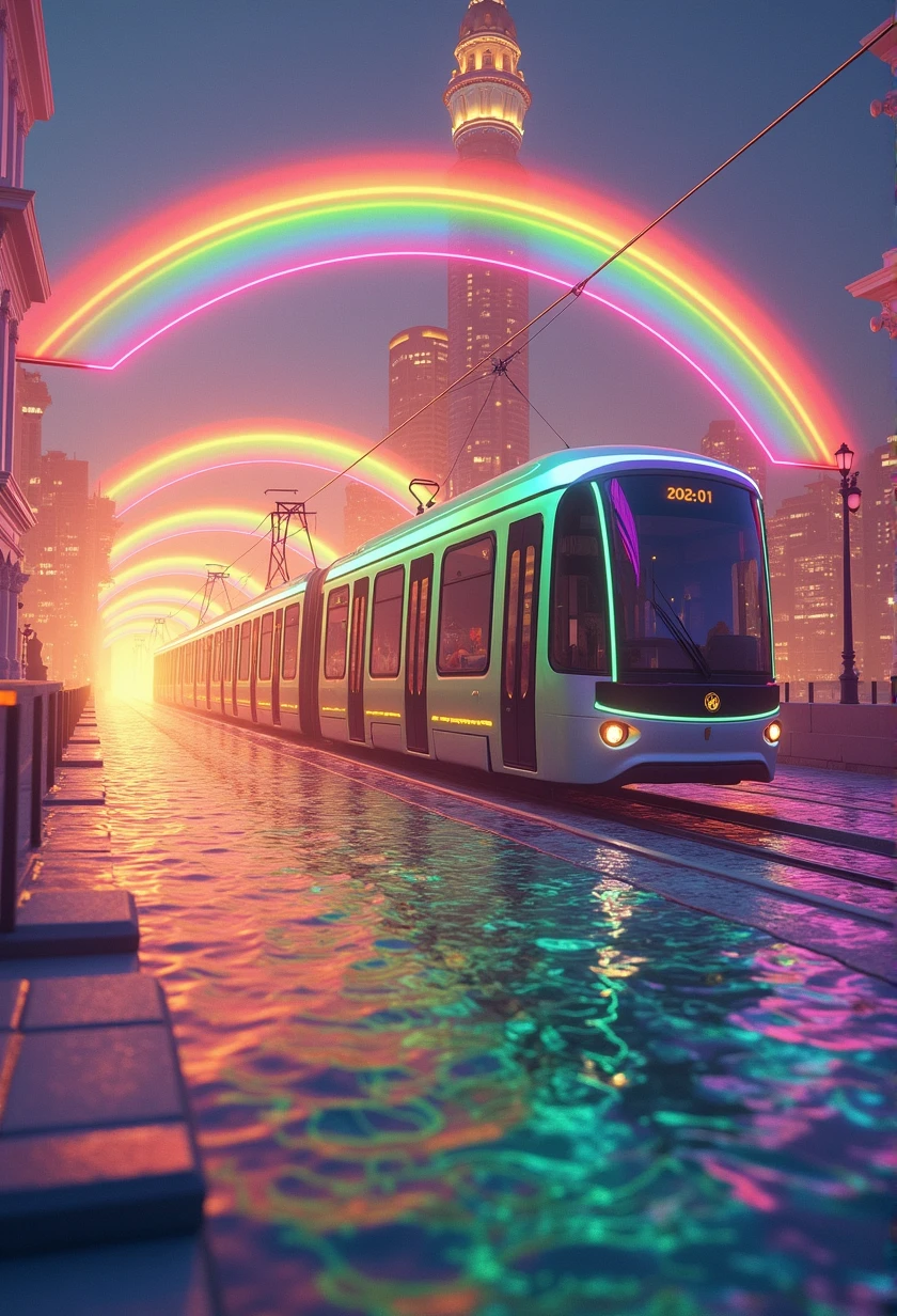 Rainbow colored linear motor car、Linear motor car running on rainbow-colored tracks,colorful,Beautiful views,wonderful景色,Utopia,An atmosphere full of dreams and hope,masterpiece. 16K, Ultra-high resolution, Ultra-high resolution, to be born,wonderful ,future、Iridescent、The world 30 years from now。