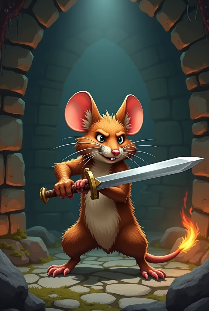 Rat, brown rat, A rat with a sword, Cartoon rat, Cartoon, dungeon, fighting stance