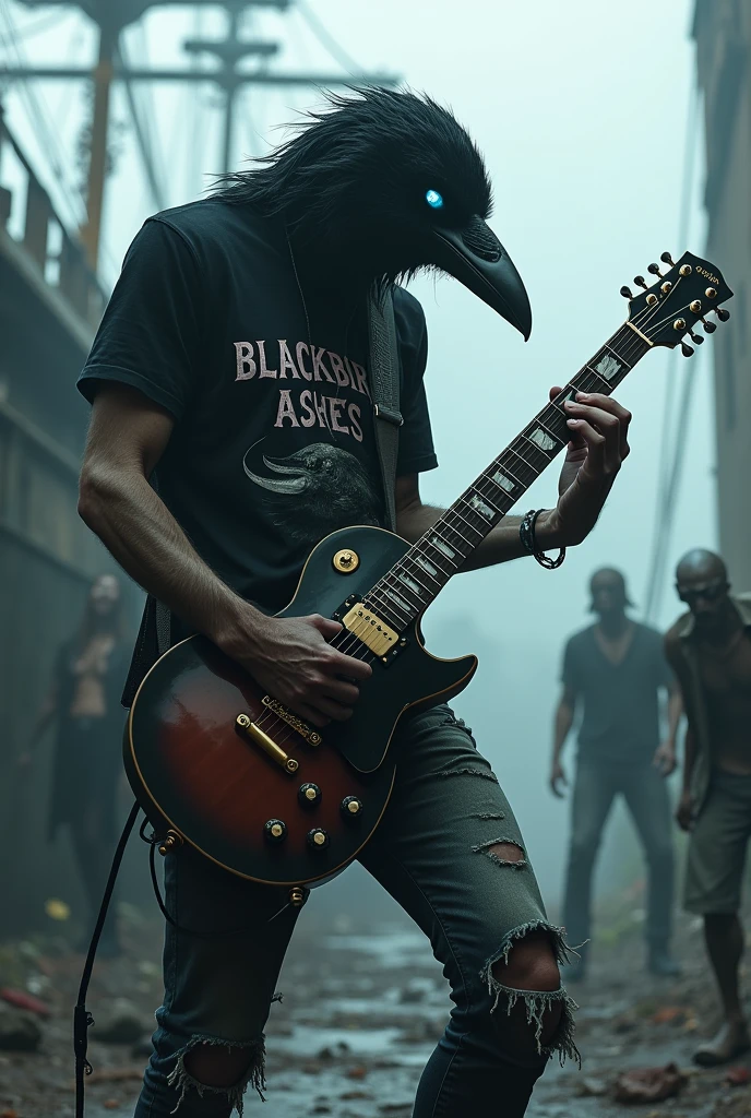 Crow with black glasses,dressed in ripped jeans and a black t-shirt that says "Blackbird Ashes". Playing electric guitar on a ghost ship with zombies